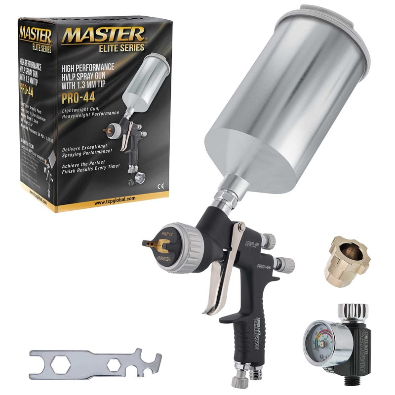 Master Airbrush Master Elite PRO-44 HVLP Spray Gun with 1.3mm Tip, Air Pressure Regulator Gauge and 1L Cup - Automotive Spray Paint Gun for Painting Basecoats & Clearcoats - Advanced Atomization Technology - Image 1